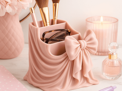 Coquette Bow Vanity Organizer – Sculpted Drape Storage Holder