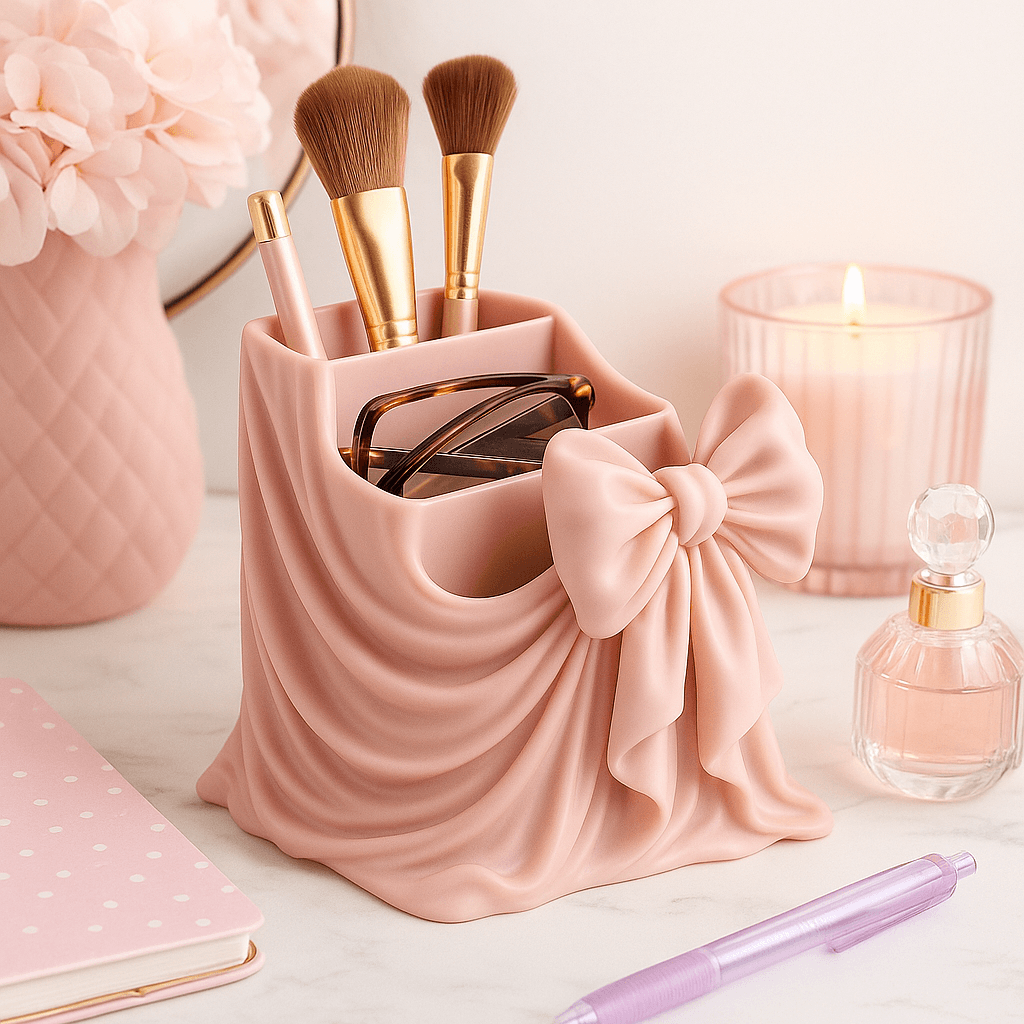 Coquette Bow Vanity Organizer – Sculpted Drape Storage Holder