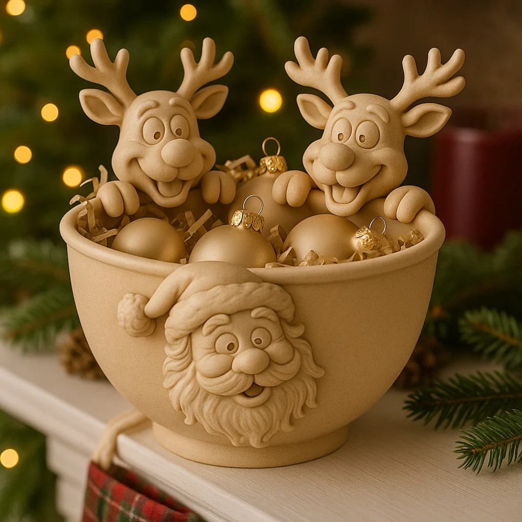 Santa & Reindeer Festive Catchall Bowl – Christmas Candy Dish & Holiday Decor – 3D Printed STL
