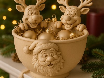 Santa & Reindeer Festive Catchall Bowl – Christmas Candy Dish & Holiday Decor – 3D Printed STL