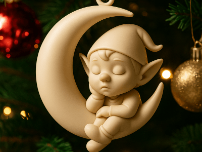Sleeping Elf on Crescent Moon Christmas Ornament – Fantasy Holiday Decor STL