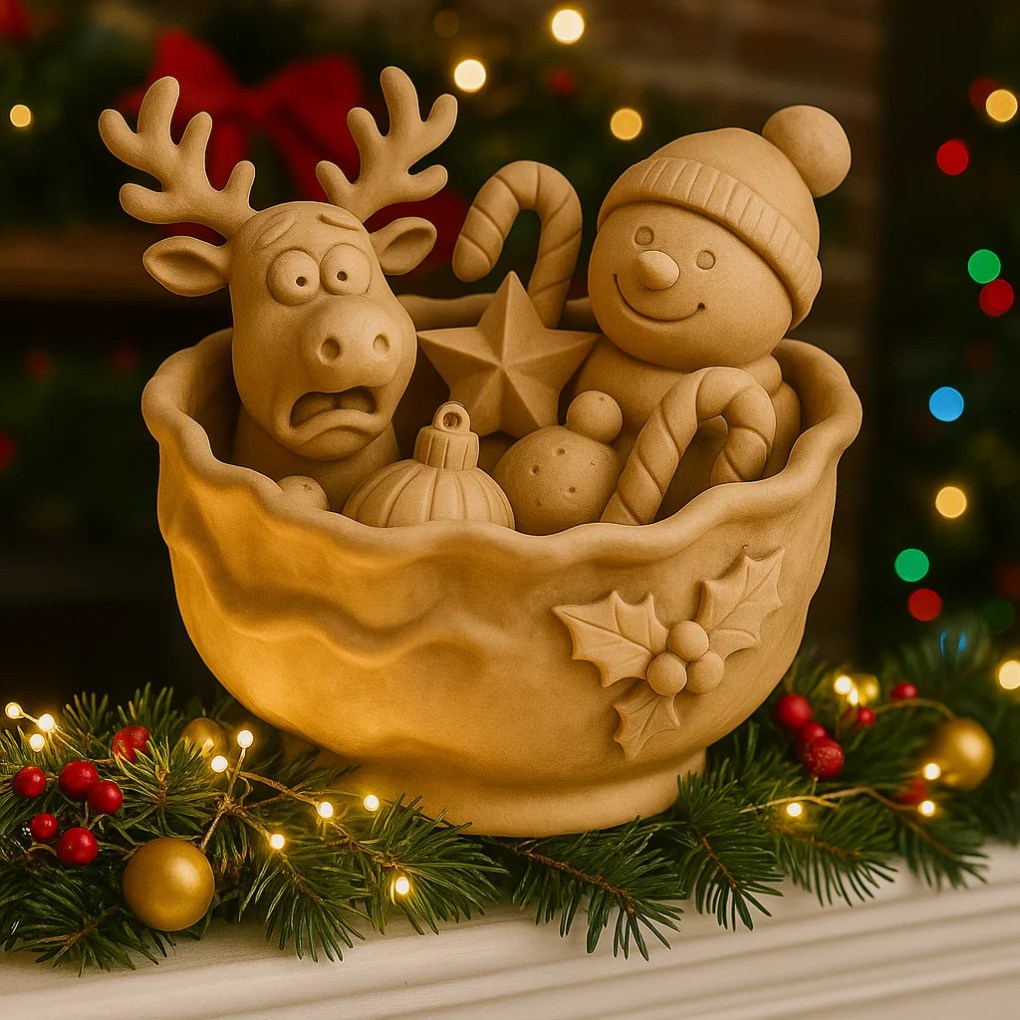Snowman & Reindeer Holiday Bowl – Festive Sculptural Decor
