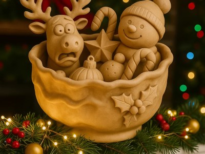 Snowman & Reindeer Holiday Bowl – Festive Sculptural Decor