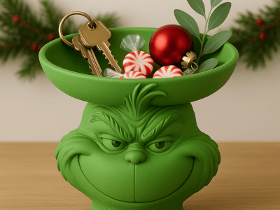 Grinch Head Catch-All Bowl – 3D Printed Holiday Entryway Tray for Keys, Candy & Ornaments