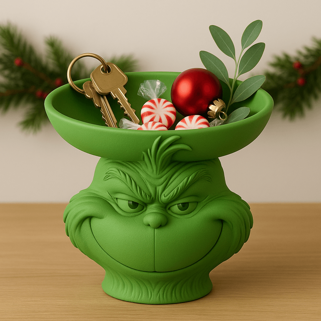 Grinch Head Catch-All Bowl – 3D Printed Holiday Entryway Tray for Keys, Candy & Ornaments
