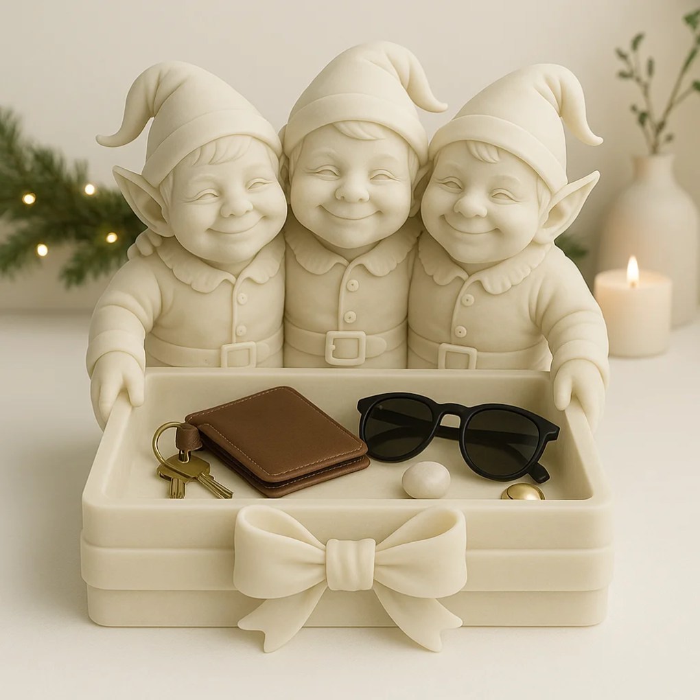 Three Elves Holiday Catch-All Tray – Matte Ivory 3D Printed Entryway Organizer | Christmas Decor Gif