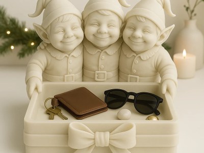 Three Elves Holiday Catch-All Tray – Matte Ivory 3D Printed Entryway Organizer | Christmas Decor Gif