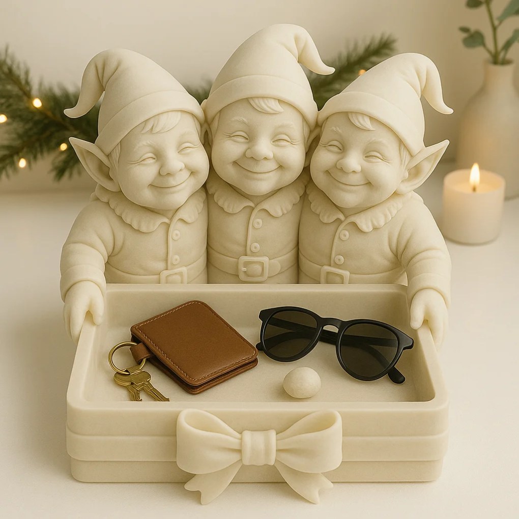 Three Elves Holiday Catch-All Tray – Matte Ivory 3D Printed Entryway Organizer | Christmas Decor Gif - Bilde 3