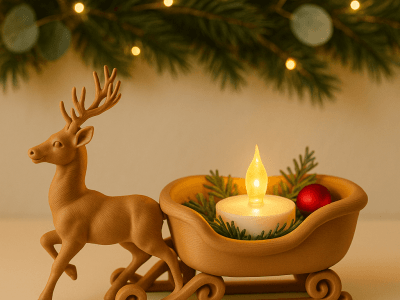 Reindeer & Sleigh LED Tea Light Holder – 3D Printed Holiday Decor, Cozy Christmas Mantle Accent