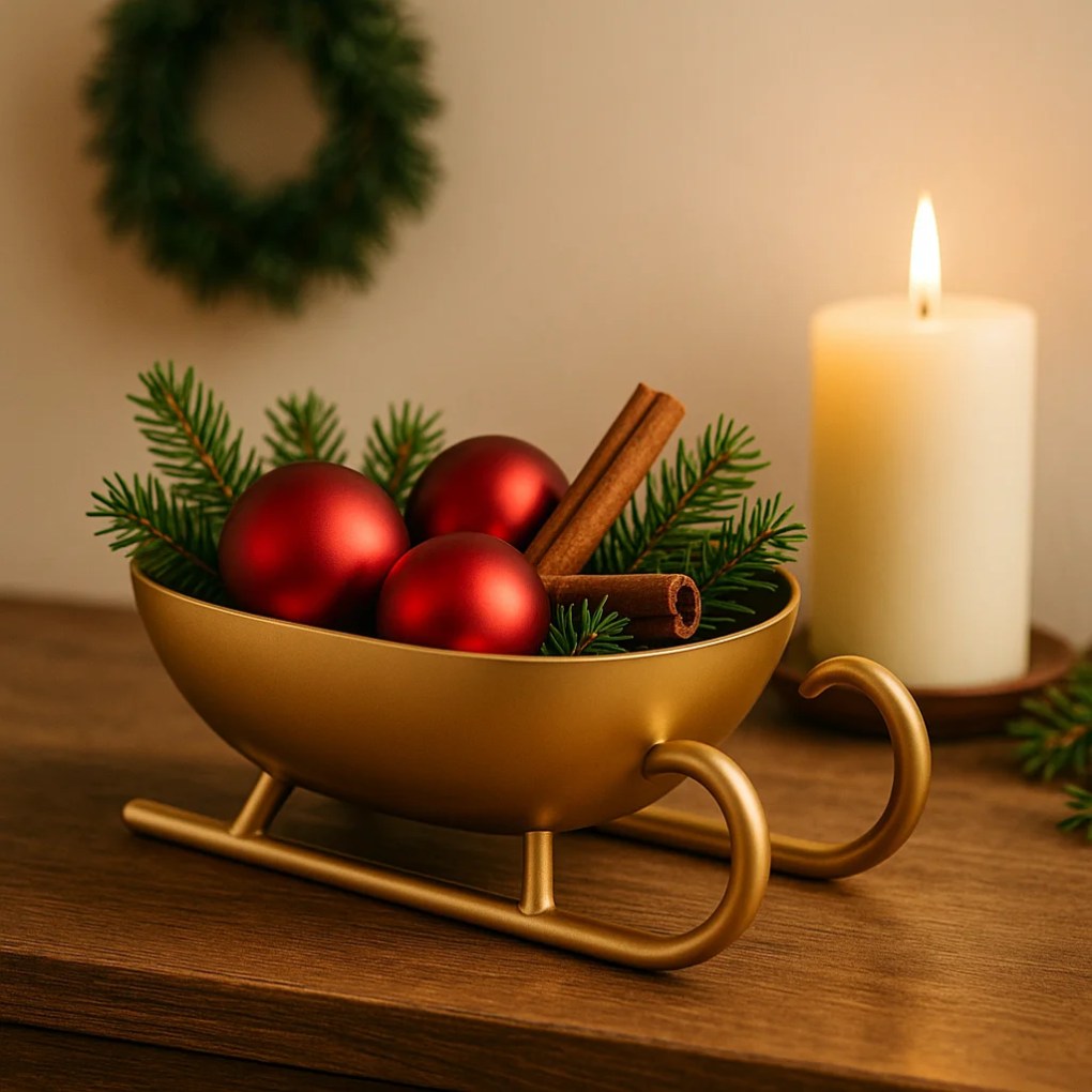 Elegant 3D Printed Golden Sleigh Bowl – Festive Holiday Centerpiece or Candy Dish